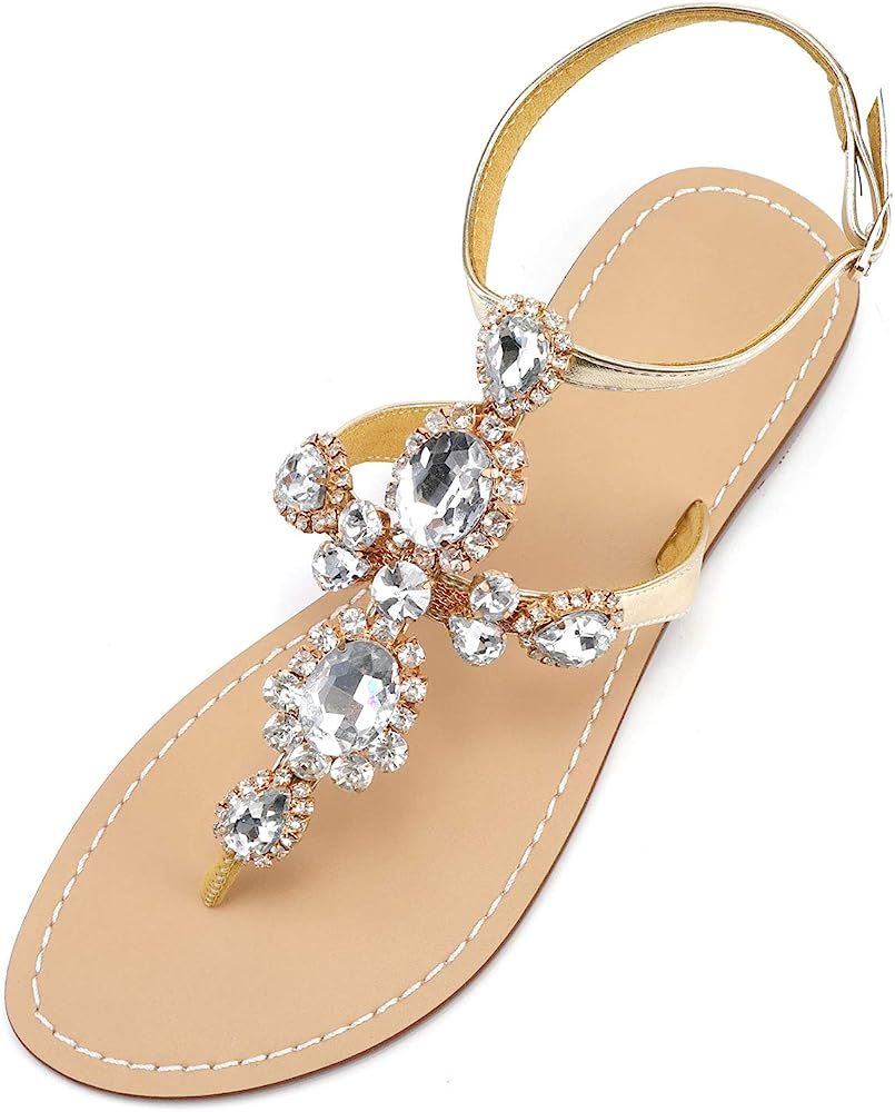 Women'S Rhinestone Gladiator Sandals Flat Wedding Sandals Gem Pearl Sparkling Bridal Bridesmaid Sand | Amazon (US)