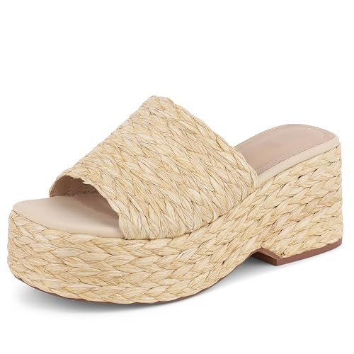 Ancomafio Platform Espadrille Sandals for Women，Raffia Sandals Platform Slip on Wedges Slides Bohemia Sandals Flatform Open Toe Beach Sandals Outdoor Size 7.5 Apricot | Amazon (US)