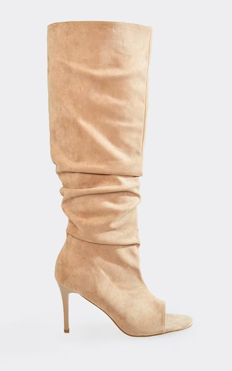 Guilty Peep Toe Slouched Stiletto Heel Knee High Boot In Sand Faux Suede | EGO Shoes (US & Canada)