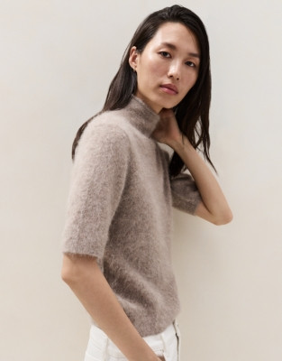 The White Company High Neck Knitted T-shirt with Alpaca, Rye Marl, Size: S | The White Company UK & ROW