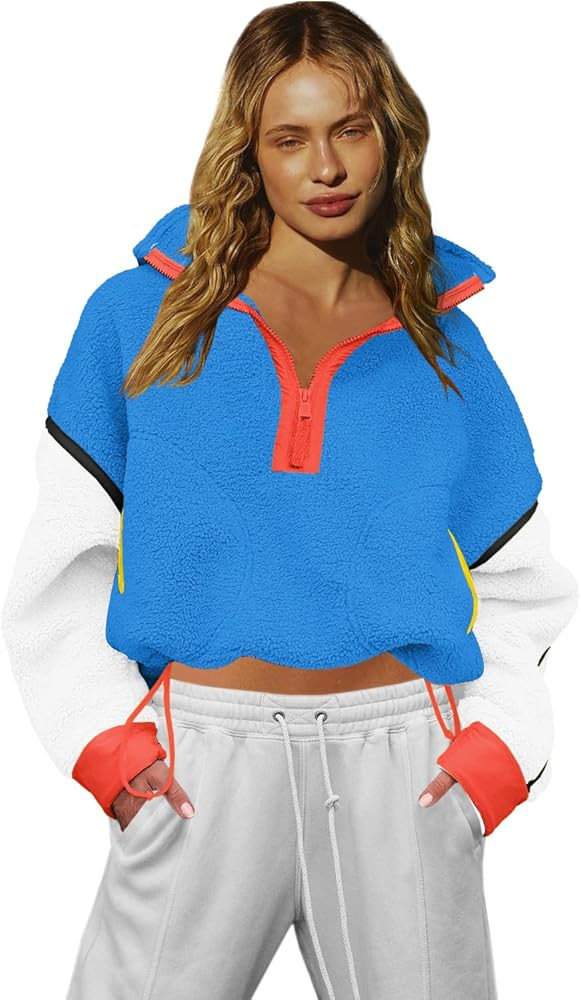 LAMISSCHE Half Zip Sweatshirt Women Oversized Sherpa Jacket V Neck Fleece Pullover Hoodie with Po... | Amazon (US)
