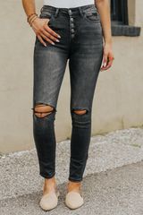 NYC High Rise Button Fly Washed Black Ankle Skinny Jeans | Magnolia Boutique