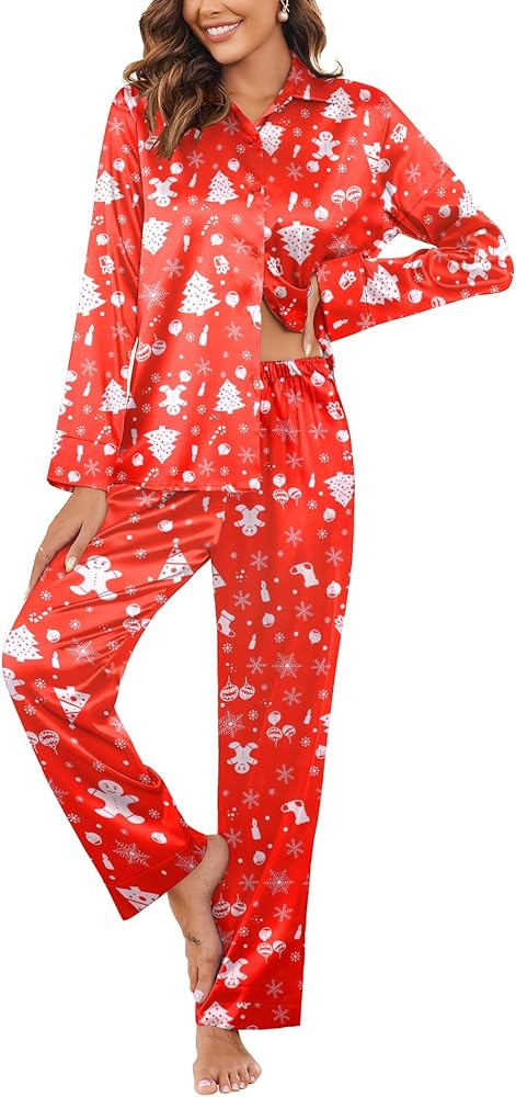 Ekouaer Classic Satin Pajamas for Women Long Sleeve Button Down Sleepwear Soft Silk Loungewear Pj... | Amazon (US)
