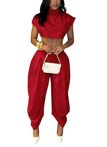 Ekaliy Women's Summer 2 Piece Outfits Baggy Short Sleeve Crop Top and Capris Pants Sets Casual Matching Sets Red XL | Amazon (US)