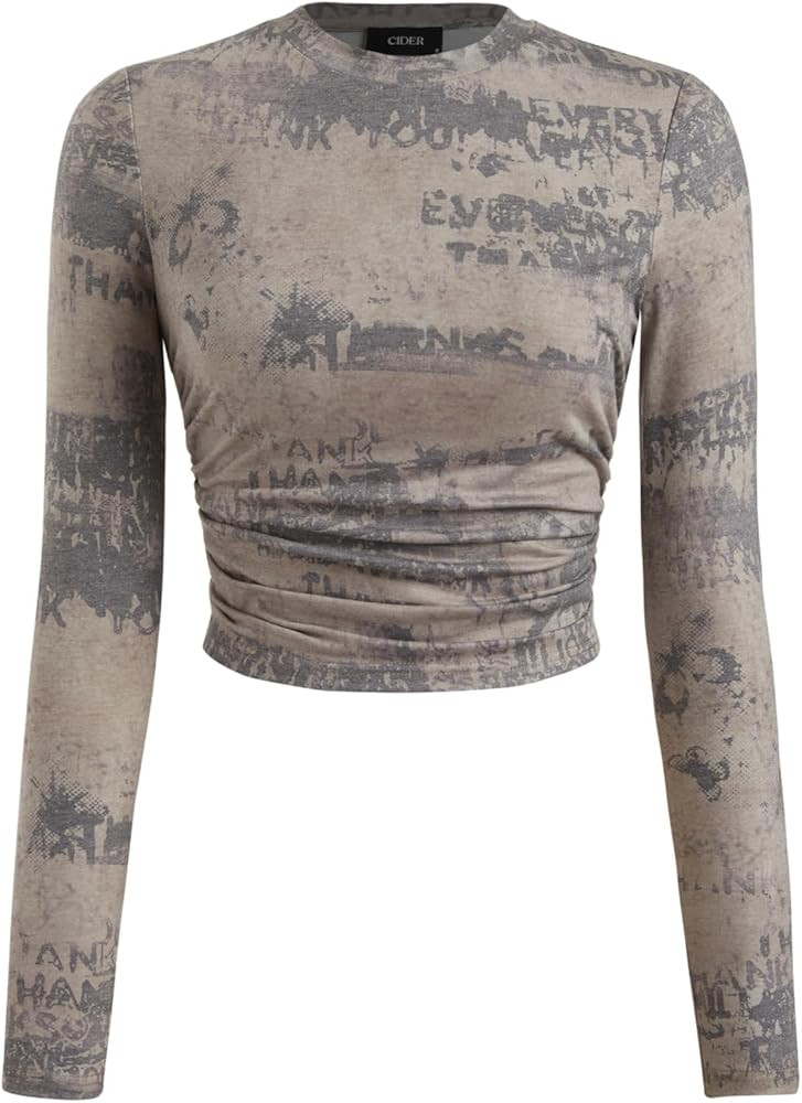 CIDER Women’s Round Neck Tie Dye Ruched Long Sleeve Fitted Crop Top Graphic Y2K Grunge Shirts | Amazon (US)