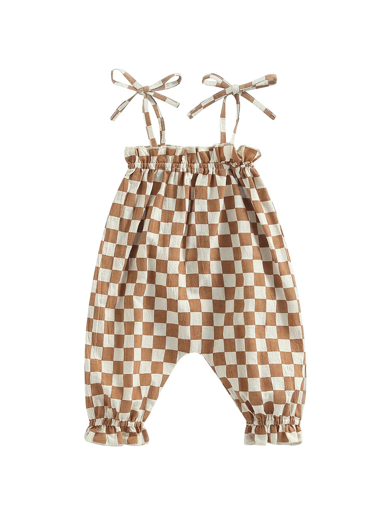 Baby Girls Casual Jumpsuit Summer Brown Checkerboard Plaid Pattern Sleeveless Tie-up Strap Romper... | Walmart (US)