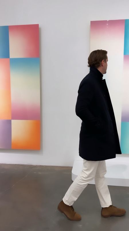 Thomas Jamieson wears a Banana Republic navy blue coat (old, similar below), boots and cream jeans at the Judy Chicago exhibit in NYC. Men’s style, menswear, men’s fashion. 

#LTKSeasonal #LTKVideo #LTKmens