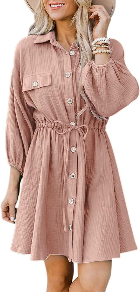 SHIBEVER Women's Floral V Neck Dress Casual Tunic Long Sleeve Ruffle Swing Party Mini Dresses | Amazon (US)