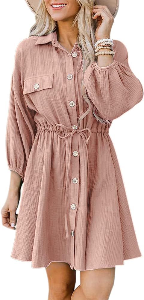 SHIBEVER Women's Floral V Neck Dress Casual Tunic Long Sleeve Ruffle Swing Party Mini Dresses | Amazon (US)