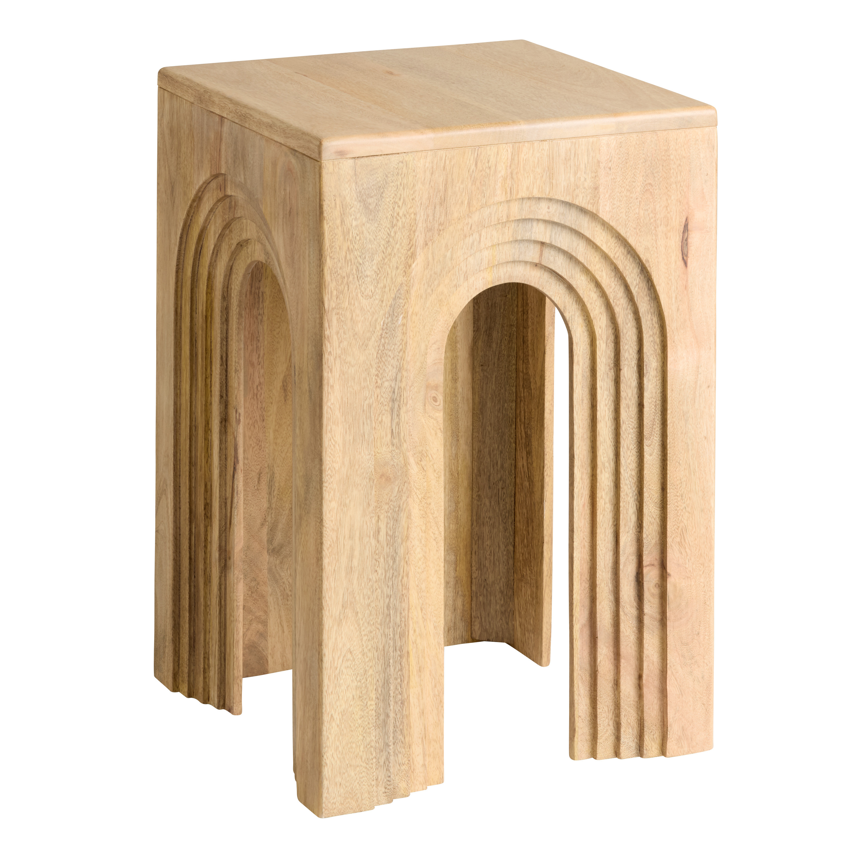 Abel Distressed Natural Carved Wood Arch End Table | World Market