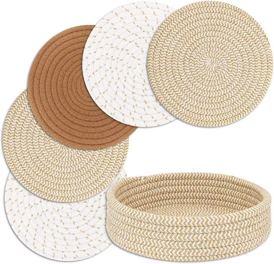 Trivets for Hot Dishes, Pots and Pans, Hot Pads with Storage Basket, Pot Holders for Kitchen, Hea... | Amazon (US)