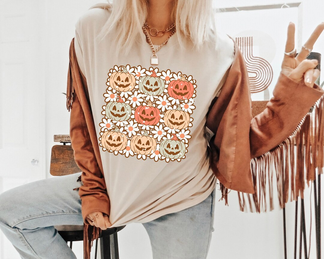 Retro Pumpkins & Flowers Shirt Grunge Happy Face - Etsy | Etsy (US)