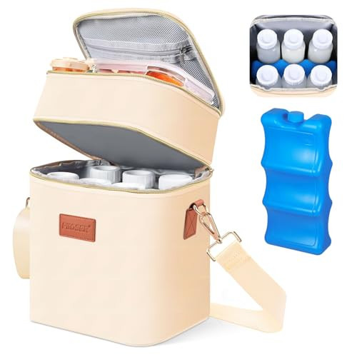 PIIOSER Breastmilk Cooler Bag with Ice Pack Fits 6 Baby Bottles Up to 9 Ounce, Insulated Baby Bottle Tote Bags, Double Layer Waterproof Leak-Proof with Shoulder Strap for Nursing & Working Mom (Cream) | Amazon (US)