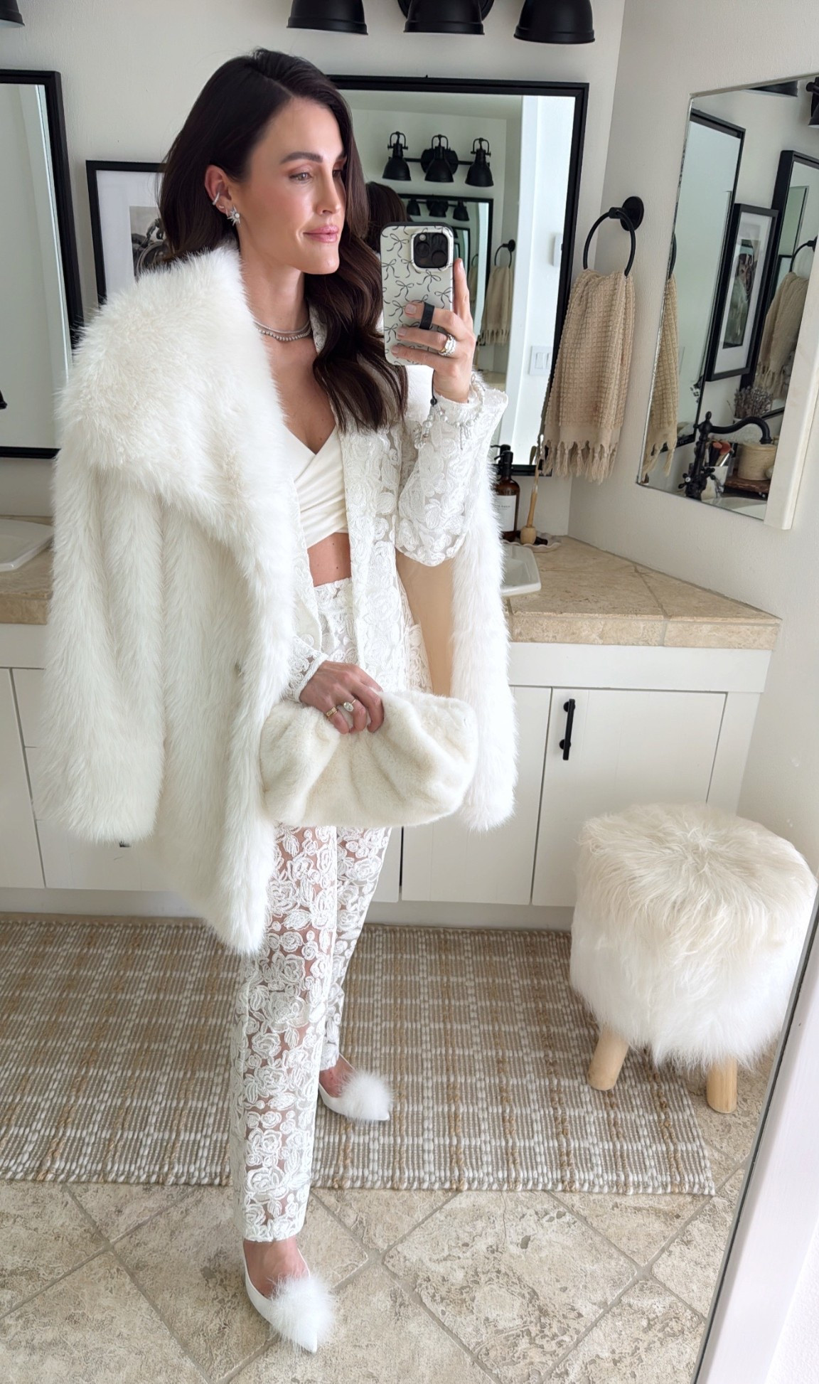 All white winter look! Amazing faux fur jacket - wearing a  M. Only $74🤍

Bride
Bachelorette 
Wedding 

#LTKootd #LTKWedding