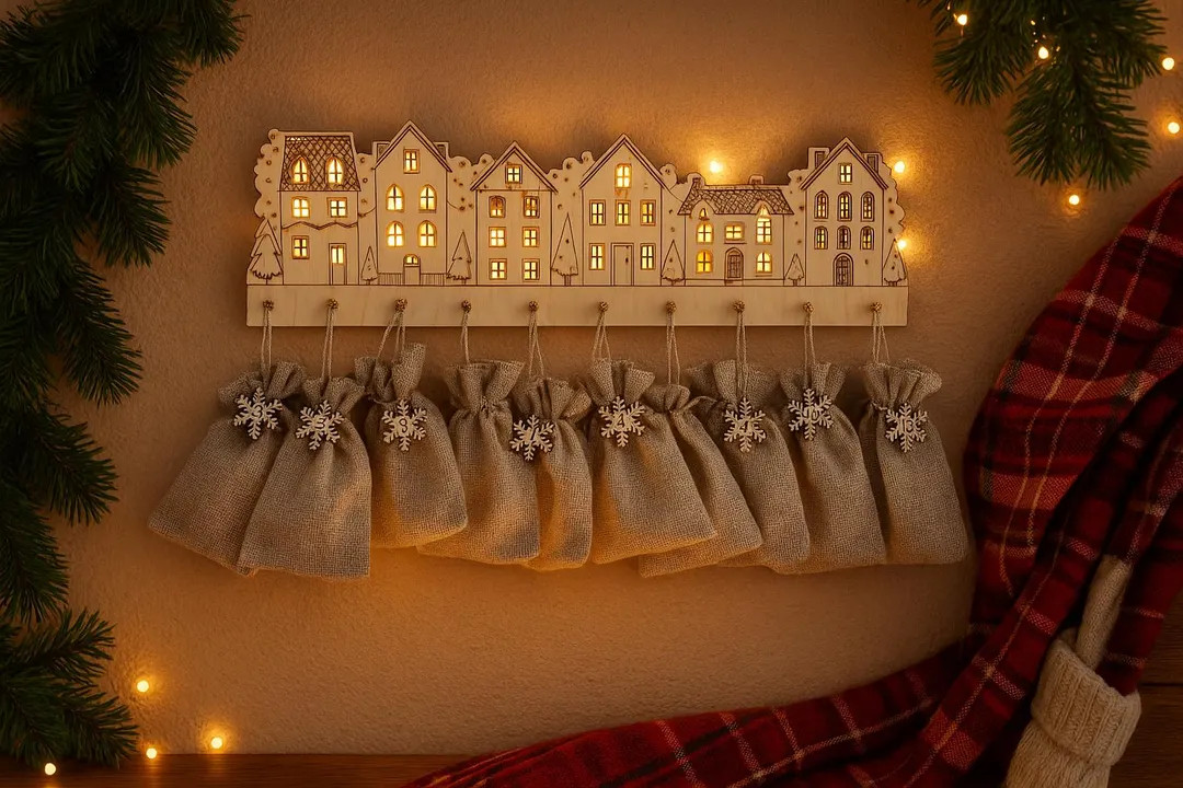 Wooden Advent Calendar Village | 12 Day Countdown with Burlap Bags | Laser Cut Birch Christmas De... | Etsy (US)