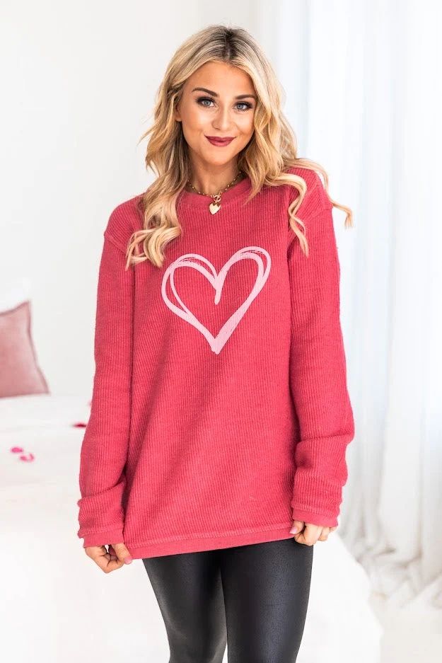 Sketched Heart Red Corded Graphic Sweatshirt | Pink Lily