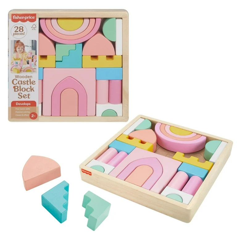 Fisher-Price Wooden Pink Castle Building Block Set, Stacking Pretend Play for Toddlers 2+, 28 Pie... | Walmart (US)