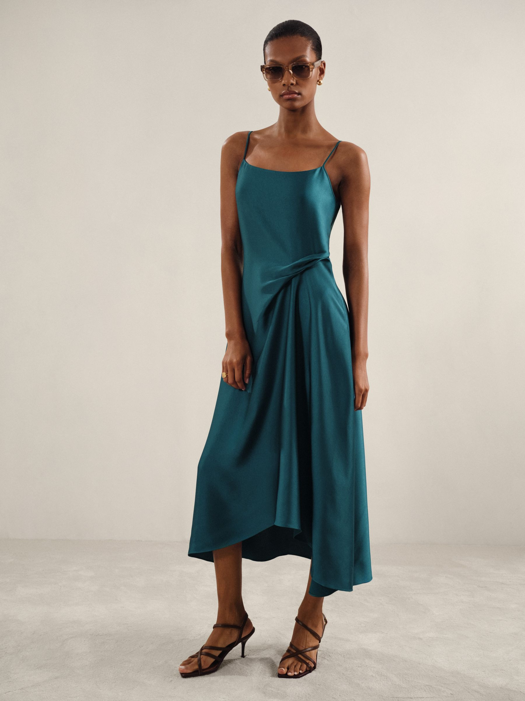Petite Satin Drape-Detail Slip Dress in Teal | Reiss UK