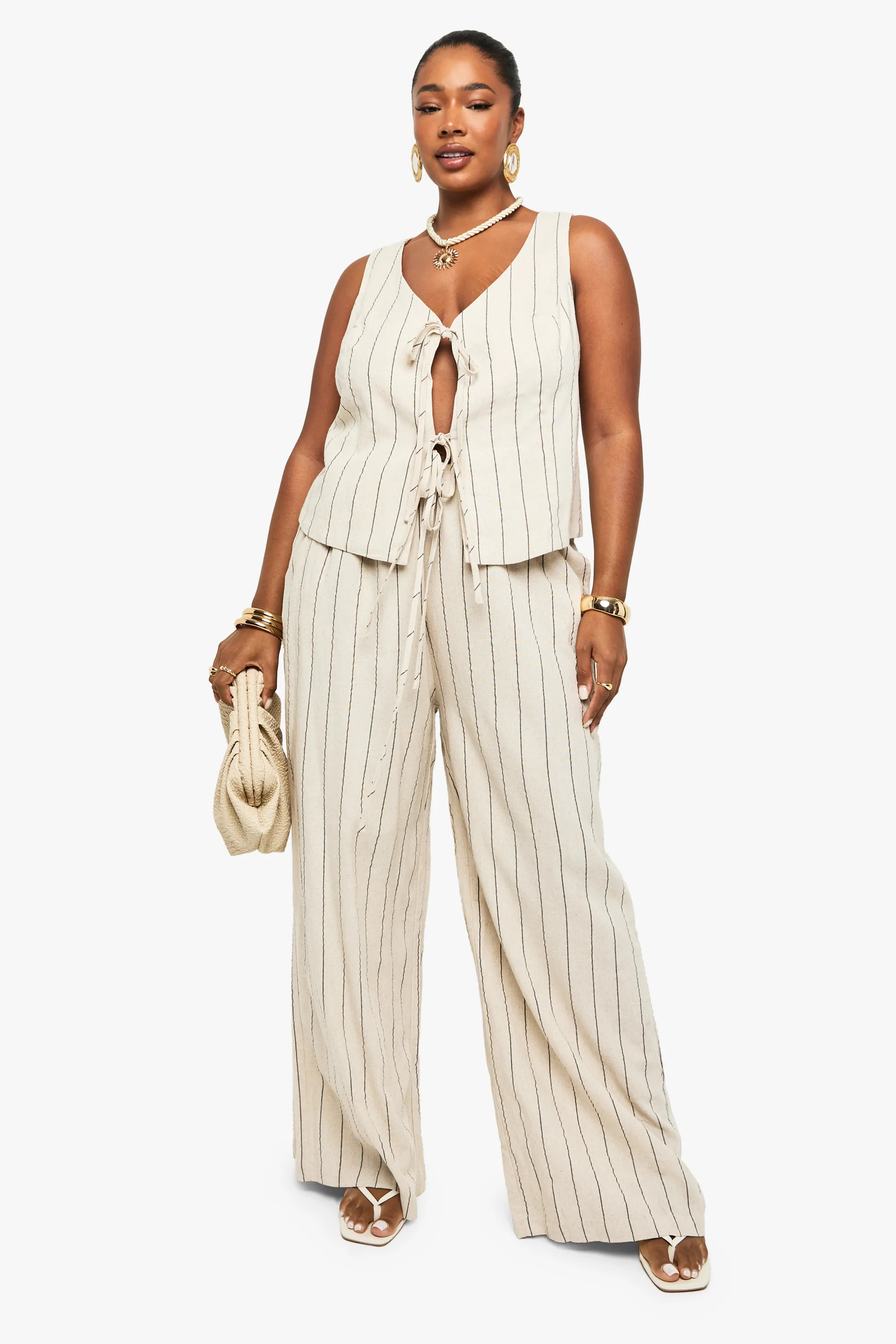 Plus Drawstring Eye Linen Stripe Trouser | boohoo (US & Canada)