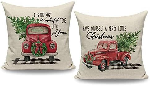 CARRIE HOME 18x18 Farmhouse Christmas Throw Pillow Covers 2 Pack Red Truck Rustic Christmas Pillow C | Amazon (US)