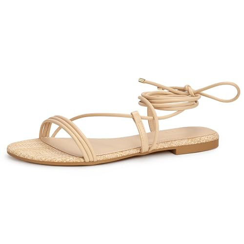 PARTY Women's Strappy Sandals Lace Up Flats Tie Up Open Toe Ankle Strap Shoes, Raffia, 10 | Amazon (US)