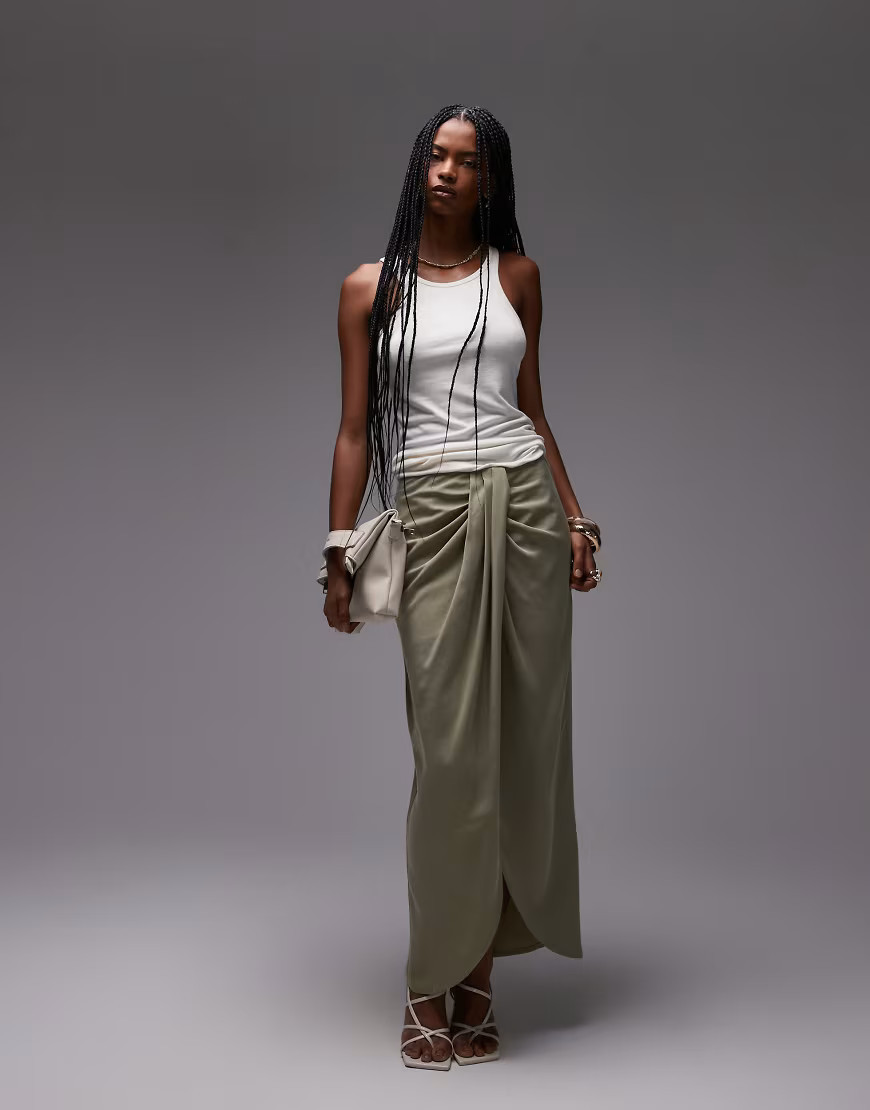 ASOS DESIGN lyocell drape front maxi skirt in olive-Green | ASOS (Global)