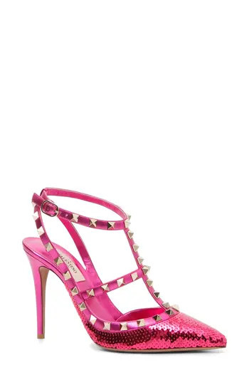 Women's Valentino Garavani Rockstud Sequin T-Strap Pump, Size 9US / 39EU - Pink | Nordstrom