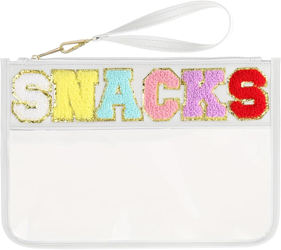 Snack Bags Pouch Travel Makeup Bag Chenille Letter Patch - Waterproof Nylon Clear Cosmetic Bag/To... | Amazon (US)