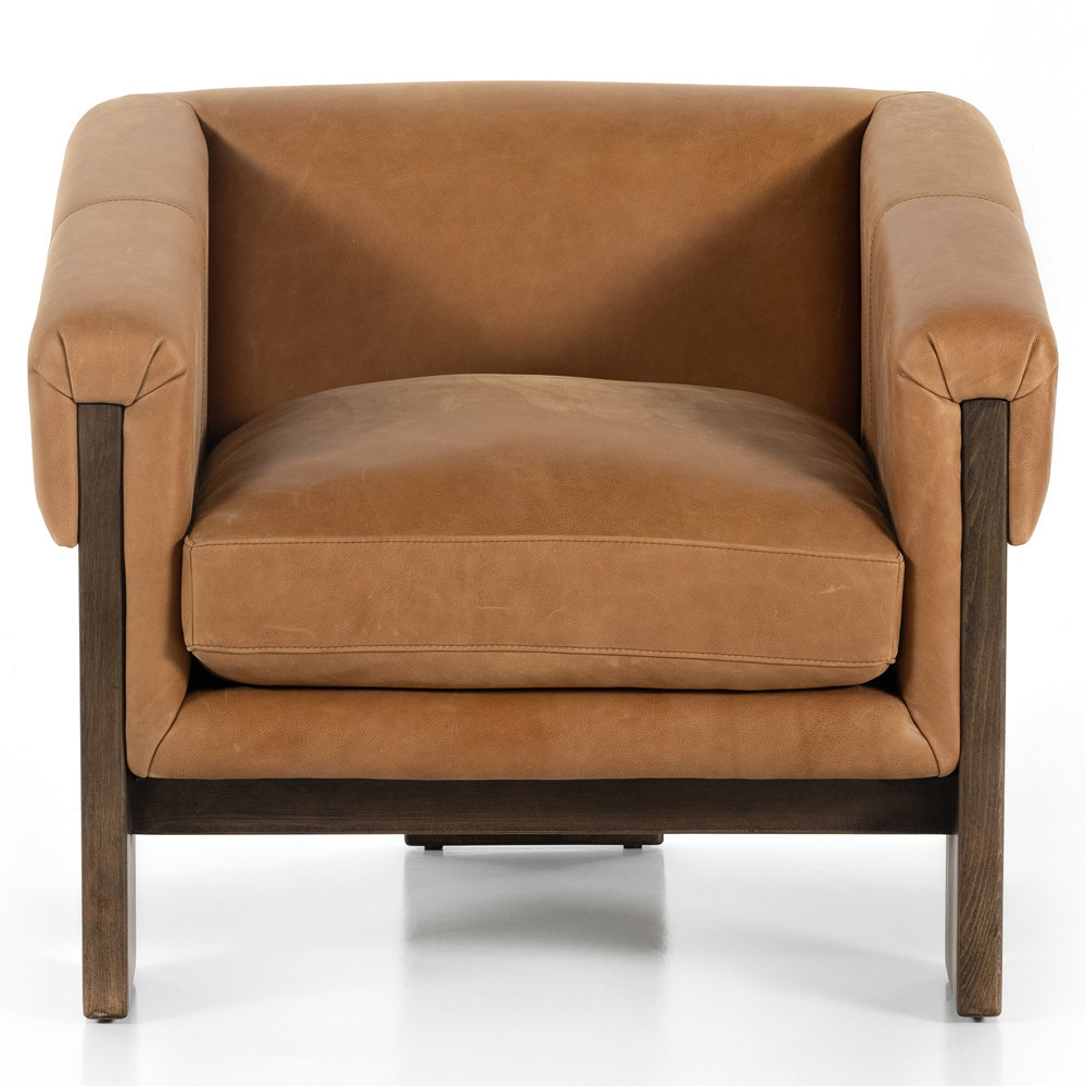 Cabrina Mid Century Modern Cognac Leather Brown Wood Club Chair | Kathy Kuo Home