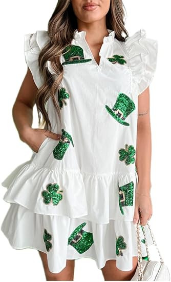 Womens Sequin Patch Babydoll Mini Dress Glitter Sparkle Short Puff Sleeve Tunic Ruffled Tiered Pa... | Amazon (US)