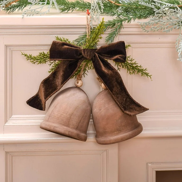 Wooden Bells with Bow Hanging Christmas Decoration, Brown, 11", by Holiday Time | Walmart (US)