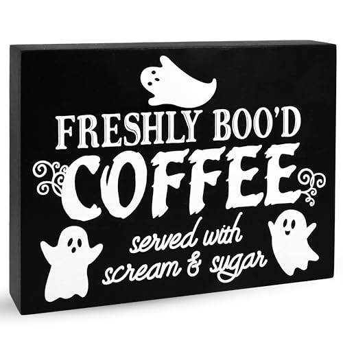 Gift Boutique Halloween Coffee Sign – Freshly Boo’d Coffee Served with Scream and Sugar Black Wooden Tabletop Plaque for Kitchen, Cafe, Party Decor | Amazon (US)