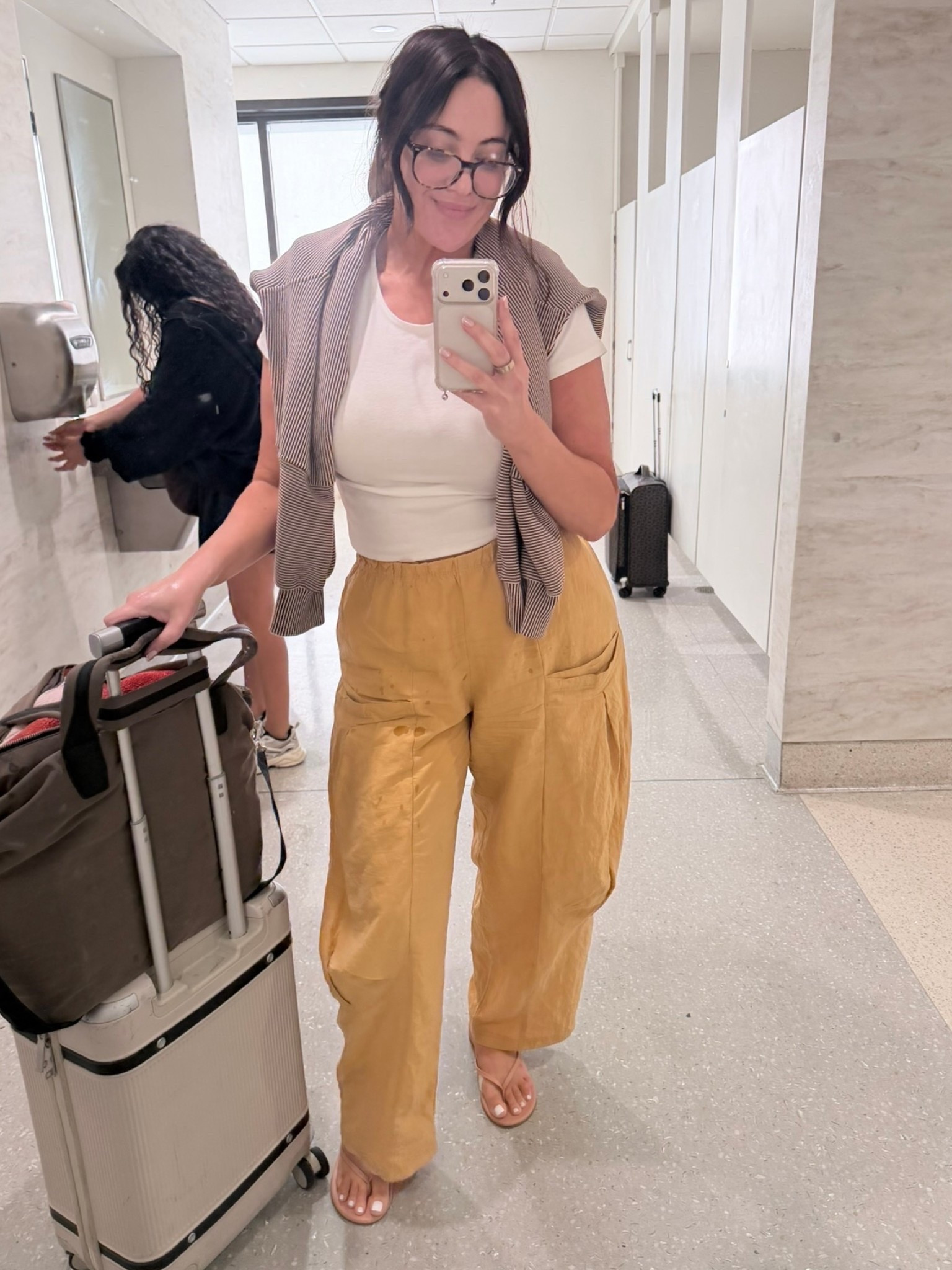 Airport outfit. Pants in true size but run big.