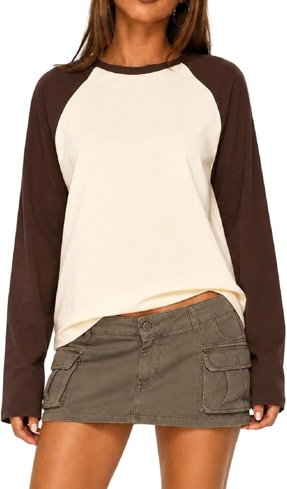Women Y2k Color Block Raglan Top Crew Neck Long Sleeve Baseball Shirt | Amazon (US)