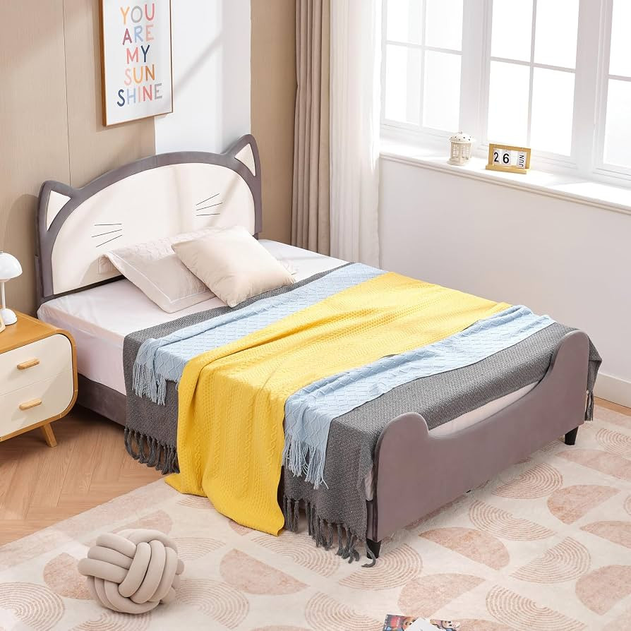 CECER Twin Size Kid Bed Frame, Faux Leather Bed Frame with Cat Ears Headboard, Upholstered Kids B... | Amazon (US)