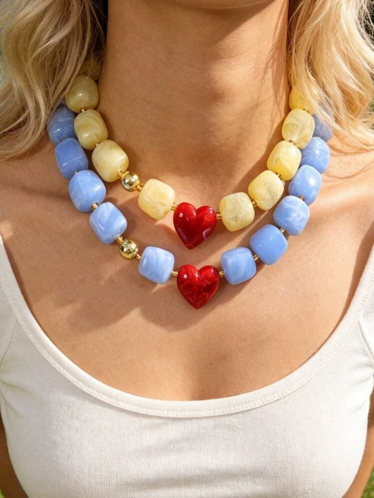 1pc Dopamine Summer Fashion Colorful Resin Geometric Heart Beads And Copper Beads Necklace, Perfe... | SHEIN