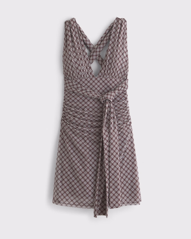 Abercrombie & Fitch Women's Mesh Multiway Knit Mini Dress in Brown Plaid - Size XXS PETITE | Abercrombie & Fitch (US)