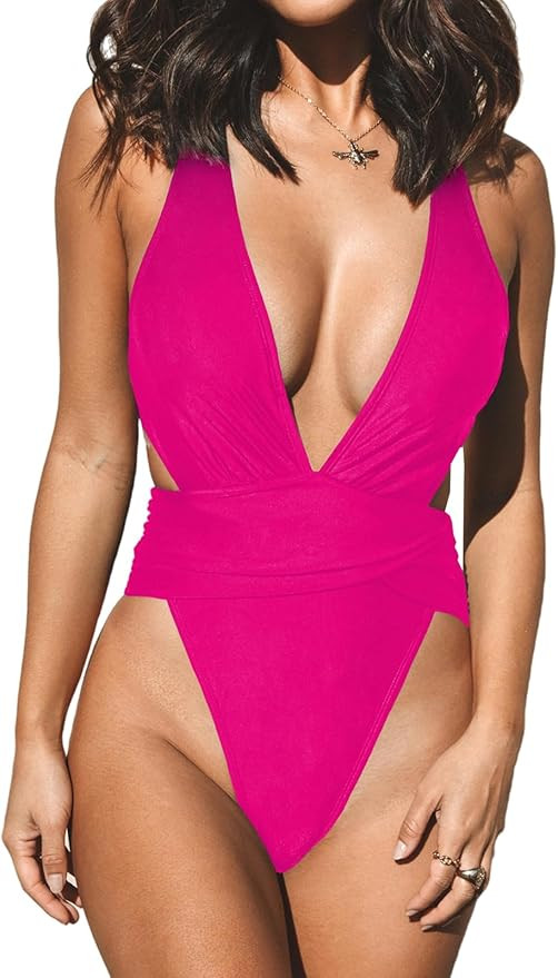 CUPSHE One Piece Swimsuit for Women Bathing Suit Cut Out Cross Back Tie Deep V Neck Ruched High C... | Amazon (US)
