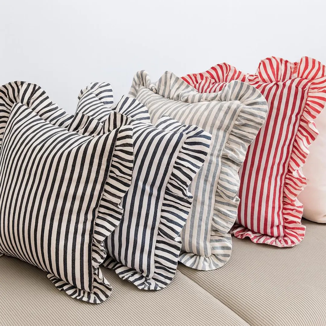 Black Stripe Linen Pillow Cover, Stripe Ruffle Cushion Green, Throw Pillow Cover Striped Ruffle, ... | Etsy (US)