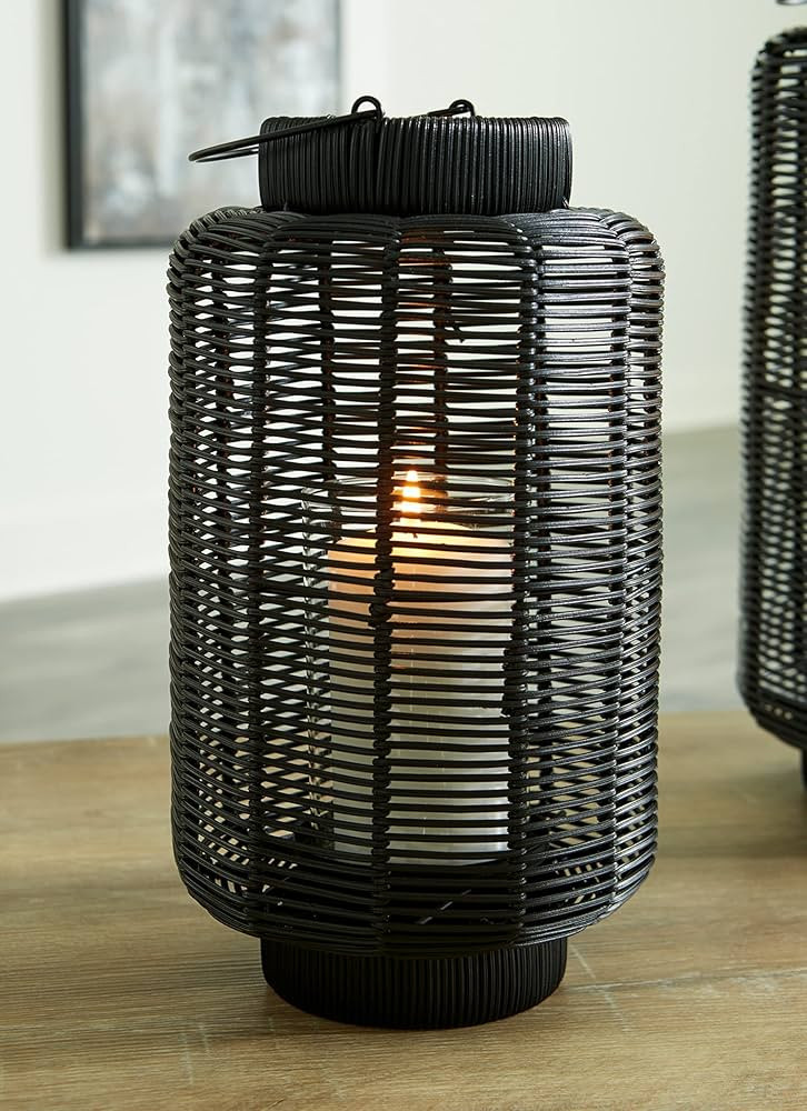 Signature Design by Ashley Evonne 14" Indoor/Outdoor Casual Round Faux Rattan Lantern for One 3” Pillar Candle, Black | Amazon (US)