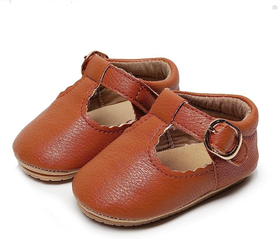 HONGTEYA Infant Baby Girls Mary Jane Flats Non Slip for Toddler First Walkers Soft Sole PU Leather C | Amazon (US)