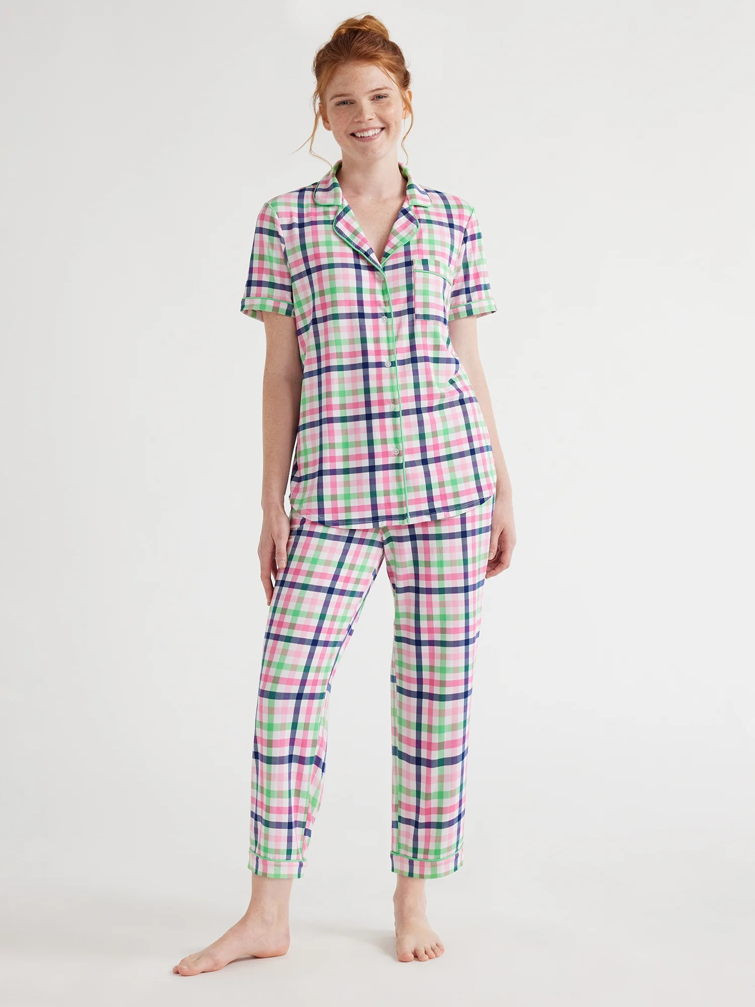 Joyspun Women's Knit Short Sleeve Notch Collar Top and Capri Pajama Set, 2-Piece, Sizes S to 3X | Walmart (US)