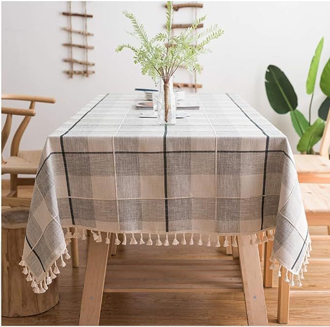 ColorBird Embroidery Checkered Tassel Tablecloth Heavy Weight Cotton Linen Plaid Dust-Proof Table... | Amazon (US)