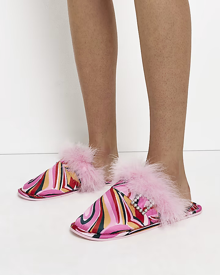 Pink print satin feather slippers | River Island (UK & IE)