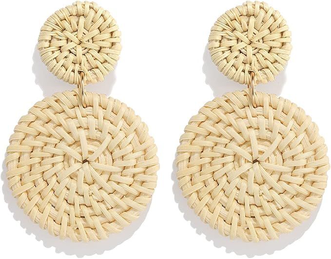 Rattan Earrings for Women Girls Handmade Lightweight Wicker Straw Stud Earrings Statement Weaving... | Amazon (US)