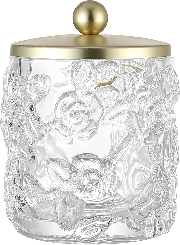 Clear Transparent Apothecary Floral Embossed Glass Jar With Gold Metal Lid Cover for Bathroom Org... | Amazon (US)