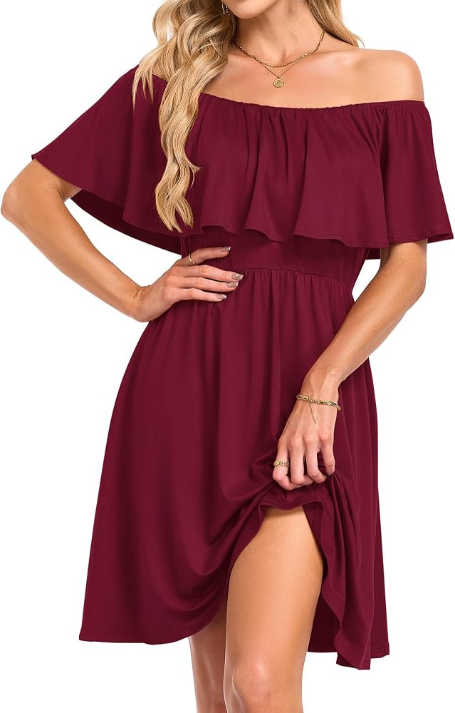 AUSELILY Womens Off The Shoulder Summer Dress Casual Ruffle Floral Sundress | Amazon (US)