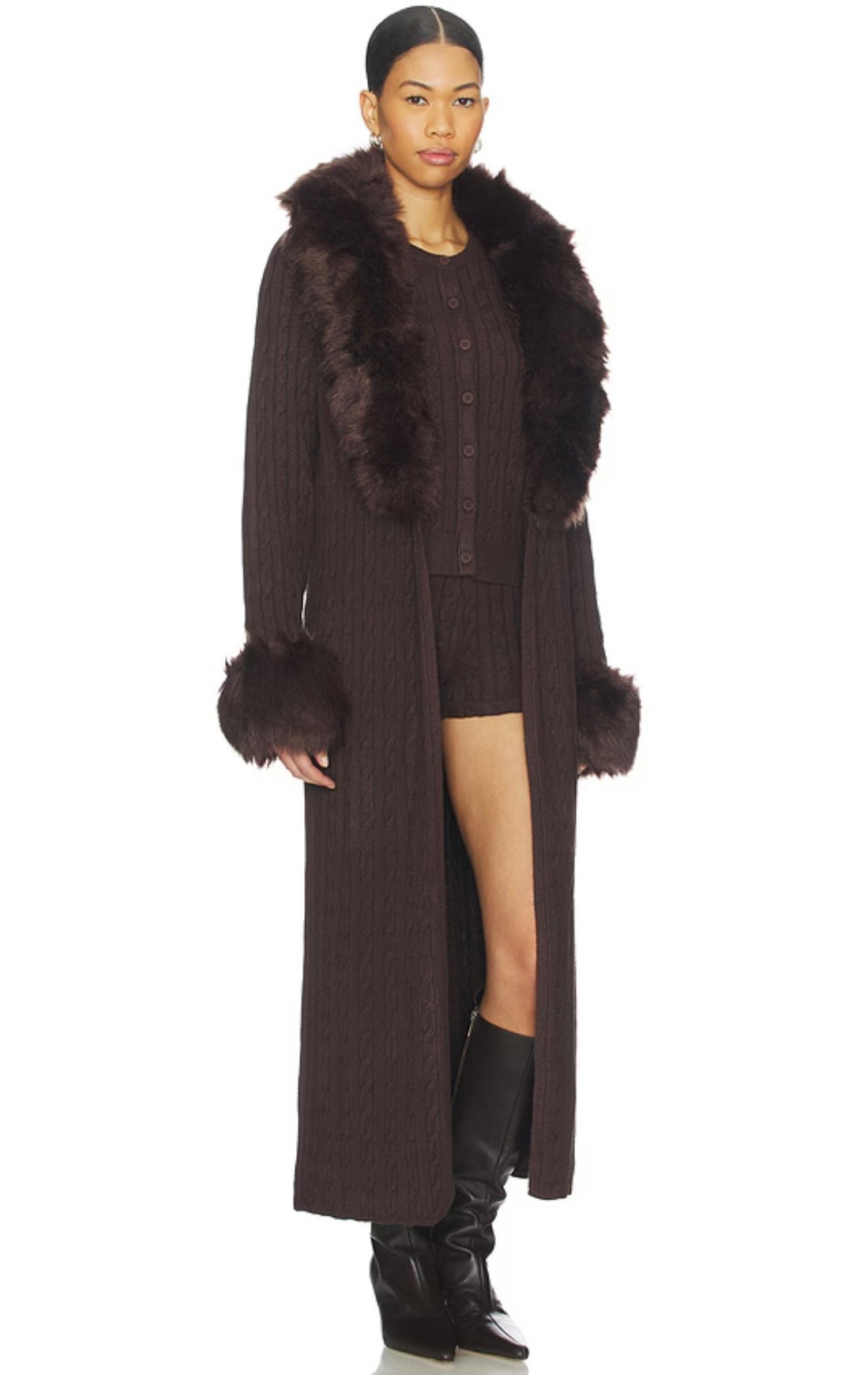 x REVOLVE Stormi Cardigan in Chocolate Knit With Faux Fur
Show Me Your Mumu with matching set and boots 

#LTKWorkwear #LTKTravel #LTKSaleAlert