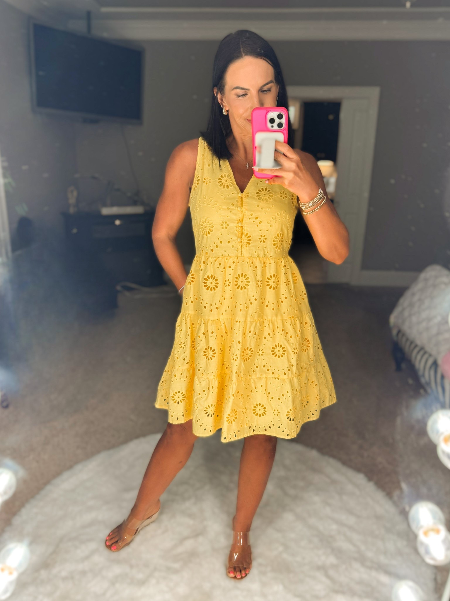 Feeling like sunshine today. This eyelet dress is fully lined and features pockets. Comes in several colors. Wearing XS and under $25!

#LTKOver40 #LTKFindsUnder50 #LTKStyleTip
