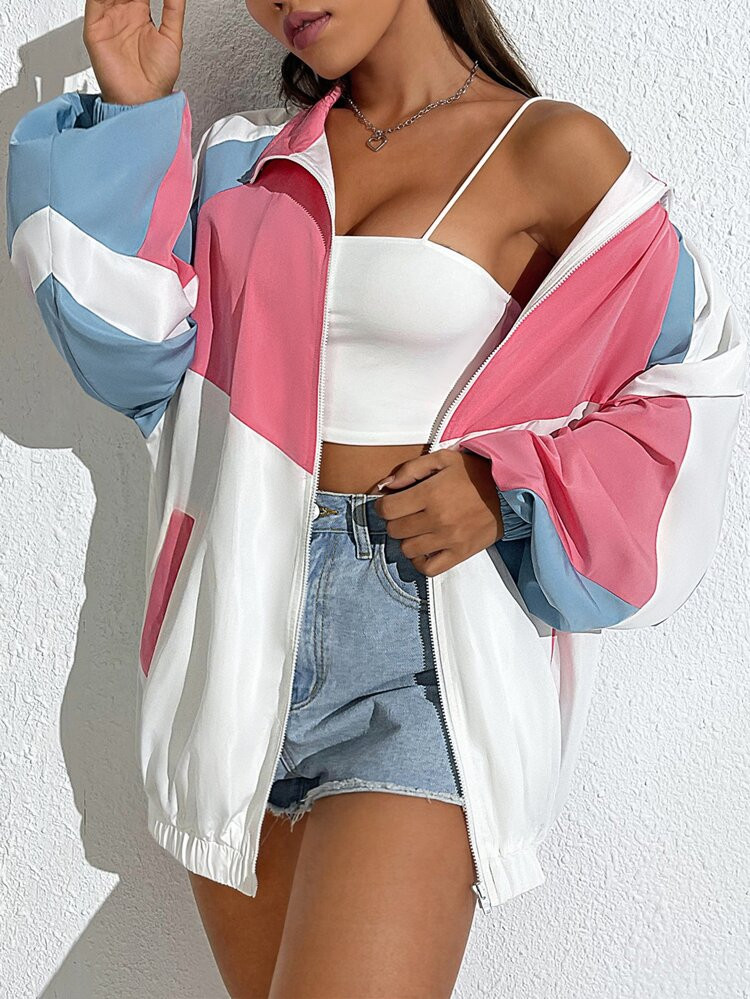 SHEIN Colorblock Raglan Sleeve Windbreaker Jacket | SHEIN